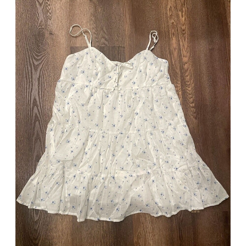 No Boundaries Women’s White/Blue Floral Square Neck Strappy Lined Mini Dress XL